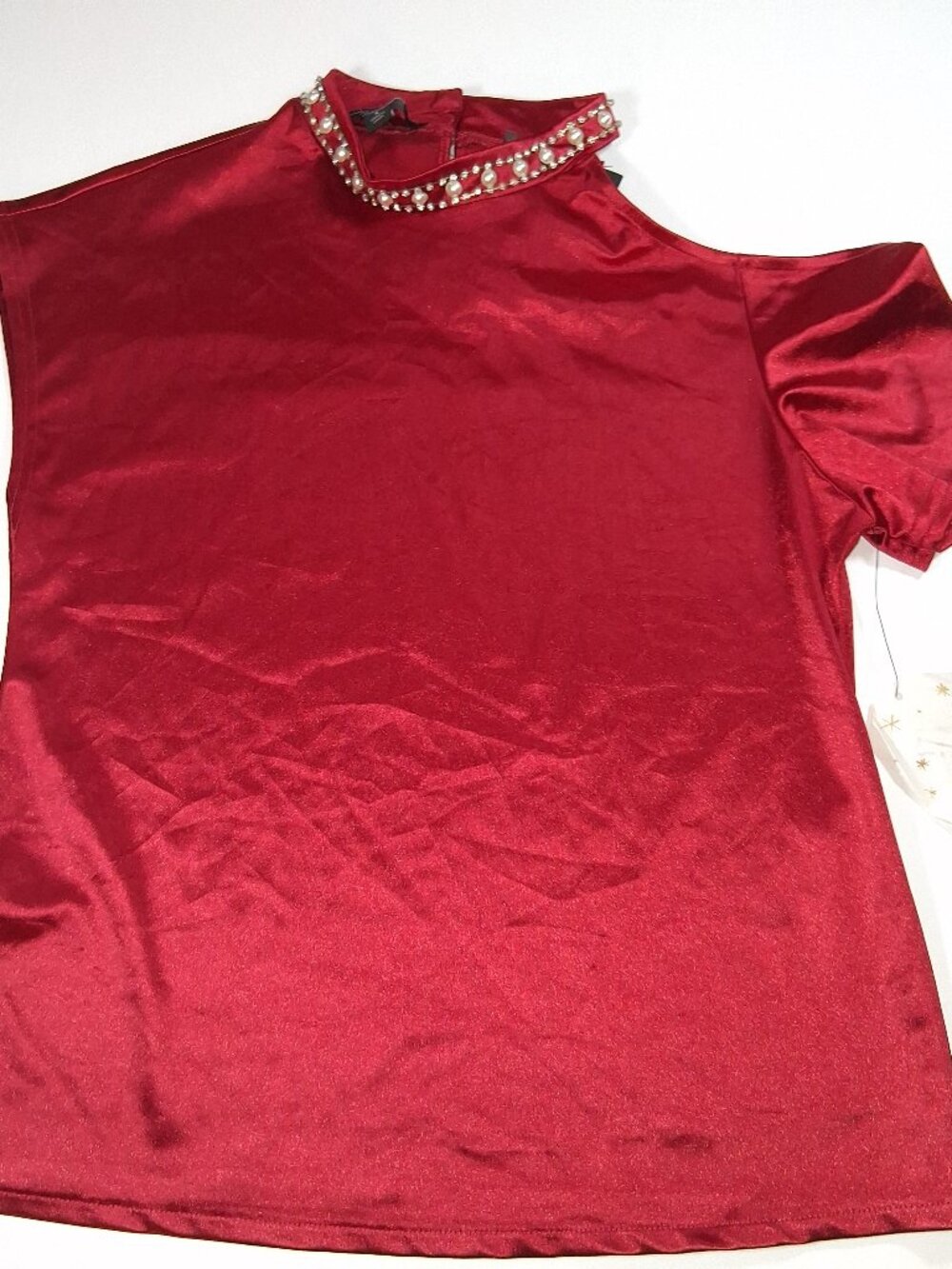 NWT Small Marc New York by Andrew Marc Red Rhinestone & Pearl Mock Neck Top